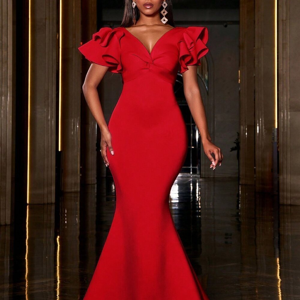 Red Elegant Women's Mermaid Formal Dress with Twist Front